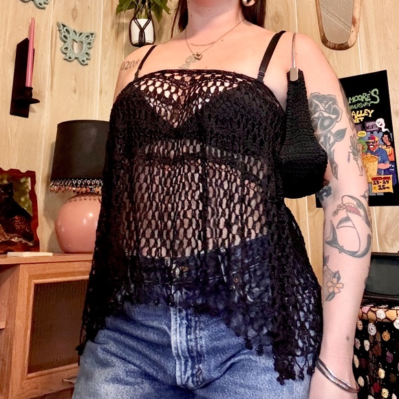 Vintage Black Crochet Bead Fringe Wrap 90s 2000s - Picture 3 of 9